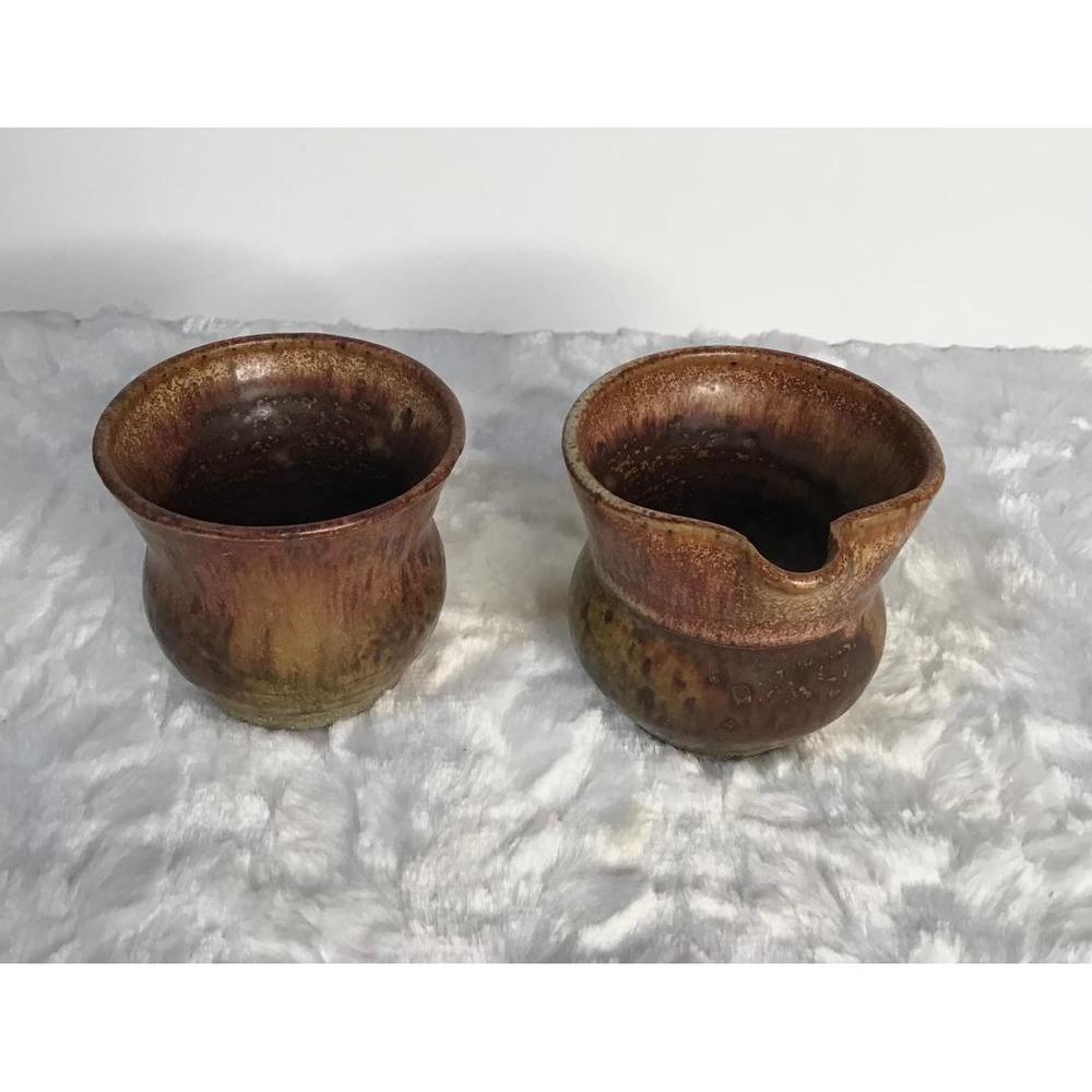 Joe Osolnik Signed Pottery Creamer & Sugar Set Earth Tone Drip‎ Glaze Art Boho